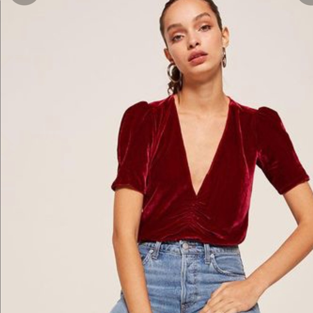 REFORMATION "Fiona" Red Velvet Puff Sleeve V Neck Top Small